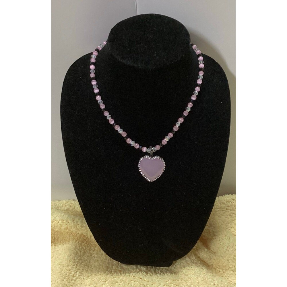 Pink Quartzlike Heart Pendant Necklace with Glass Beads & Magnetic Clasp